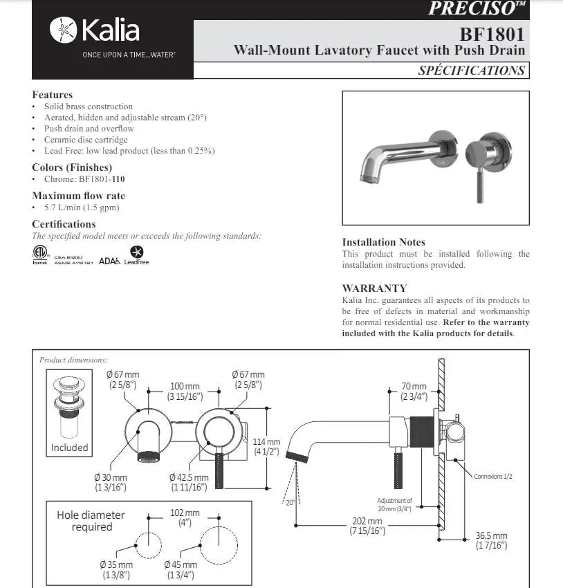 Kalia Preciso Wall Mount Bathroom Sink Faucet With Push Drain - Plumbing Market