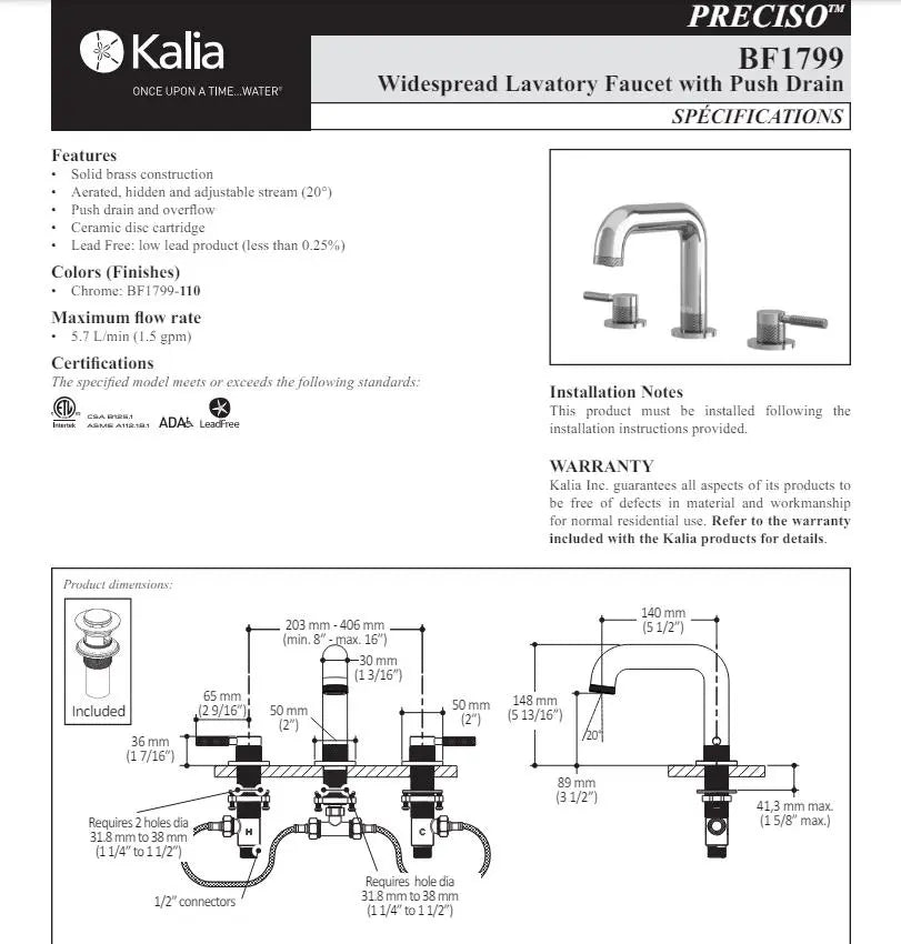 Kalia Preciso Widespread Bathroom Sink Faucet With Push Drain - Plumbing Market