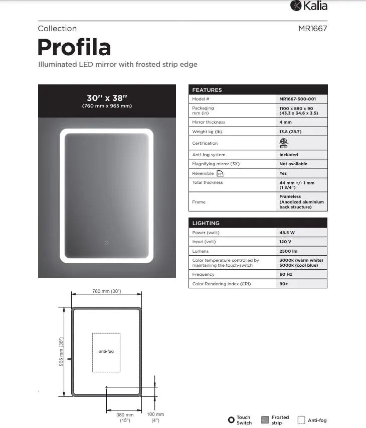 Kalia Profila 30 Inch Rectangular LED Mirror With Frosted Strip Edge - Plumbing Market