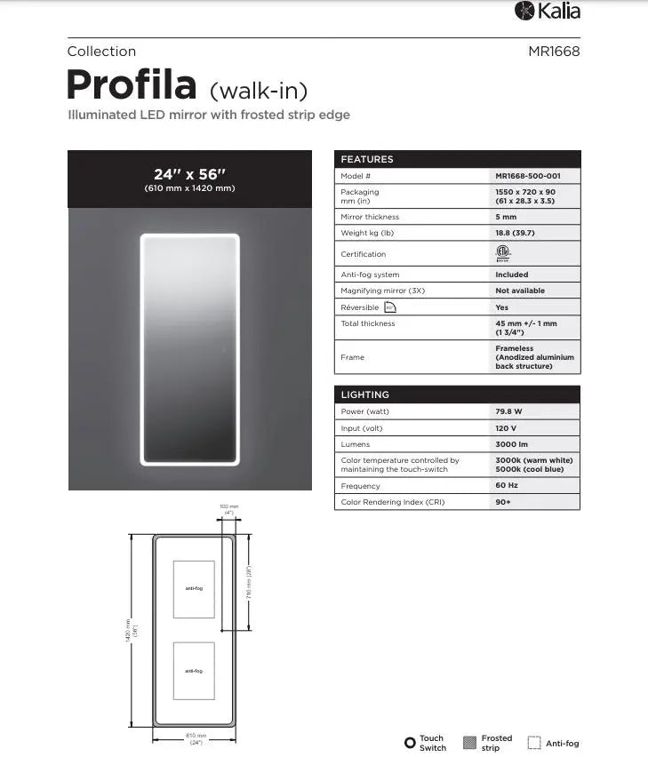 Kalia Profila Rectangular 24 Inch LED Mirror With Frosted Strip Edge - Plumbing Market