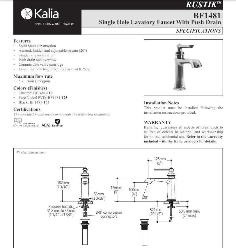 Kalia Rustik Single Hole Bathroom Sink Faucet With Pop Up Drain - Plumbing Market
