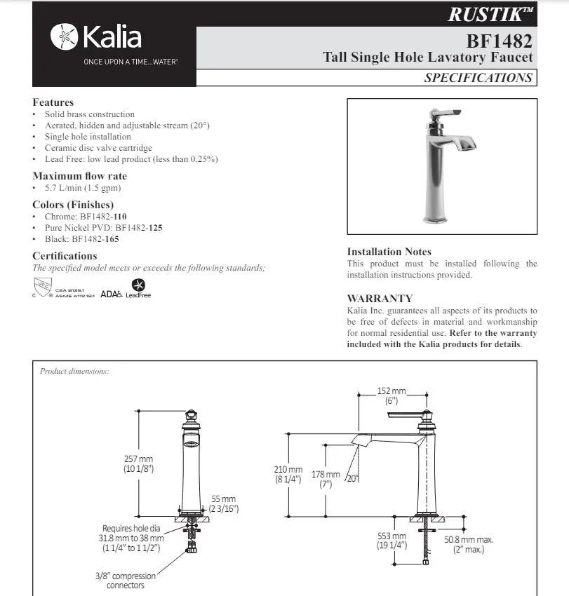 Kalia Rustik Single Hole Tall Bathroom Sink Vessel Faucet - Plumbing Market