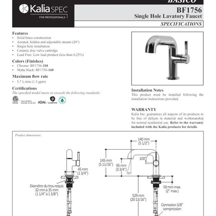 Kalia SPEC Basico Single Hole Bathroom Faucet (Without Drain) - Plumbing Market