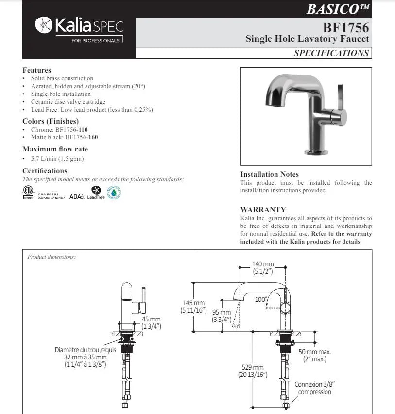 Kalia SPEC Basico Single Hole Bathroom Faucet (Without Drain) - Plumbing Market