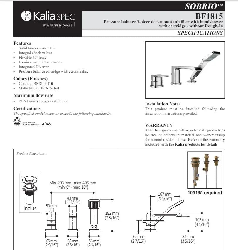 Kalia Sobrio Pressure Balance 3 Piece Tub Filler W Handshower - Plumbing Market