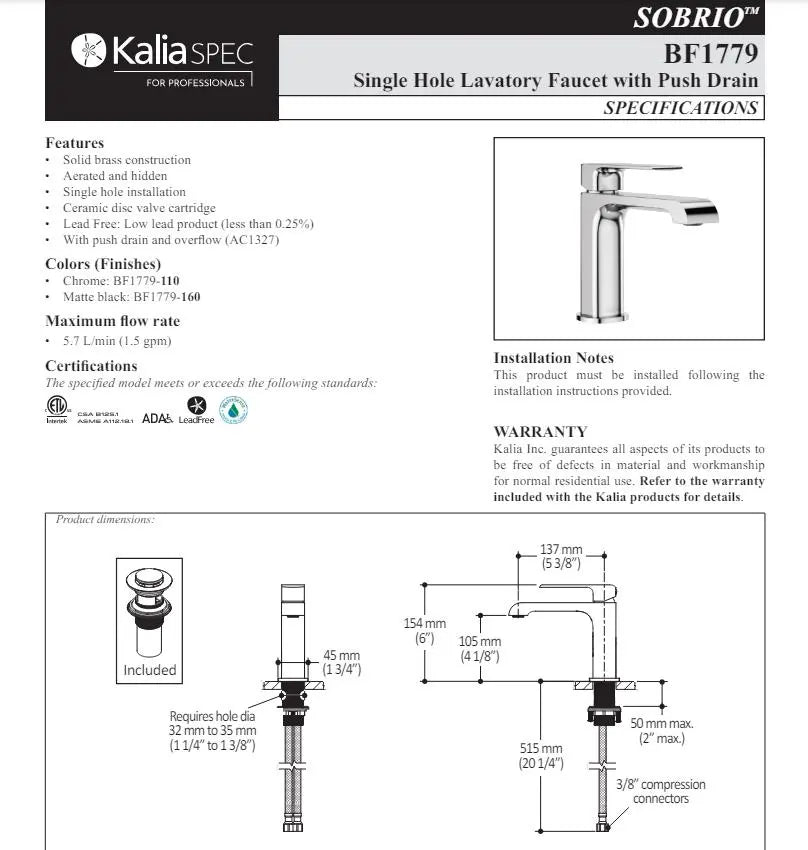 Kalia Sobrio Single Hole Bathroom Faucet With Push Drain - Plumbing Market