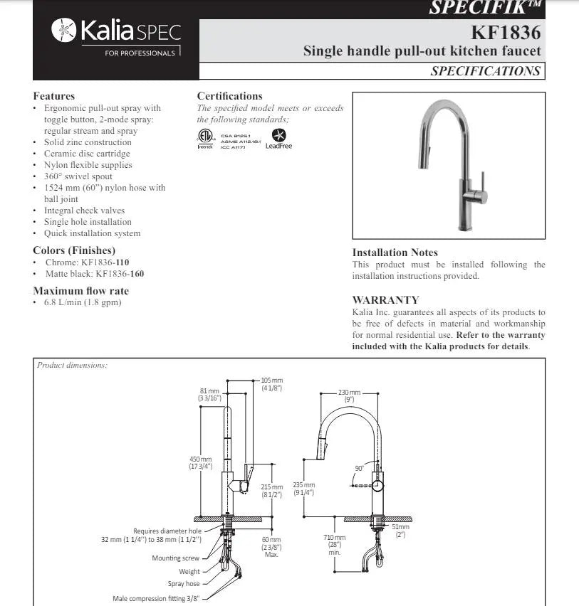Kalia Specifik Single Handle Pull Down Kitchen Faucet - Plumbing Market