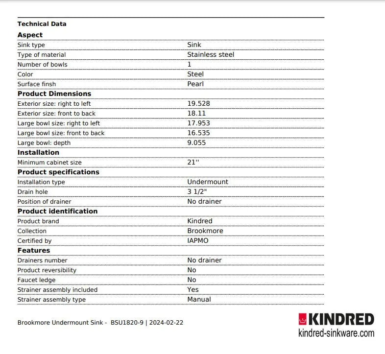 Kindred Brookmore 19.5" x 18.12" Undermount Single Bowl Stainless Steel Kitchen Sink Model BSU1820-9 - Plumbing Market