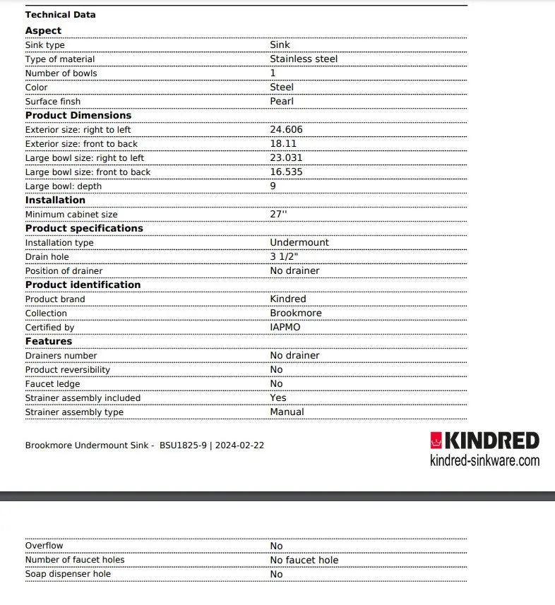 Kindred Brookmore 24.62" x 18.12" Undermount Single Bowl Stainless Steel Kitchen Sink BSU1825-9 - Plumbing Market