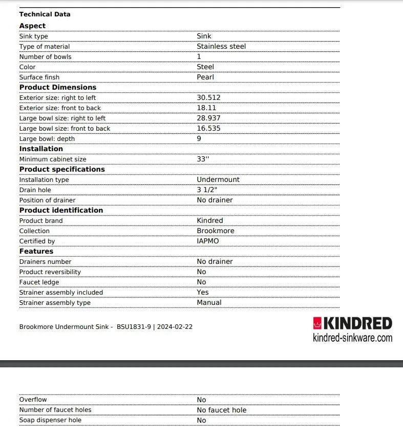 Kindred Brookmore 30.5" x 18.12" Undermount Single Bowl Stainless Steel Kitchen Sink BSU1831-9 - Plumbing Market