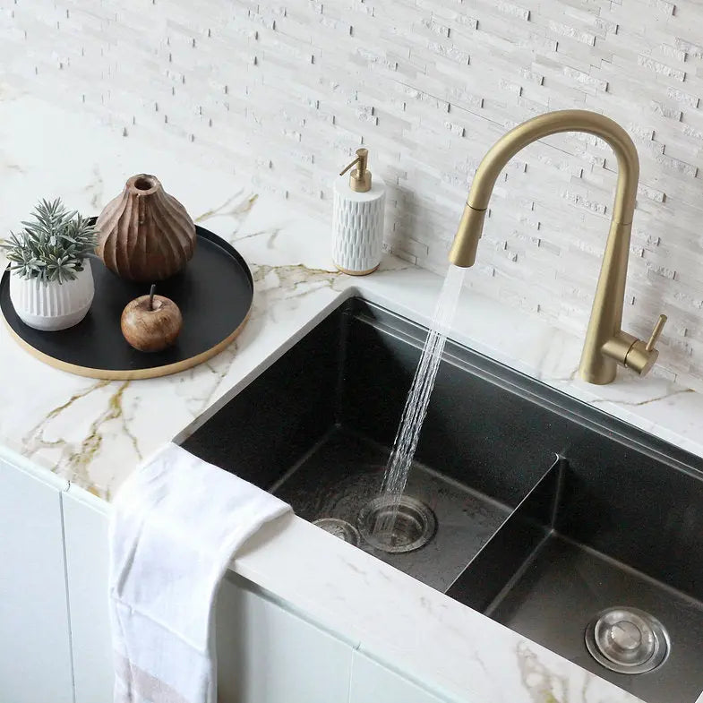 Kitchen Sink Faucet Single Handle Pull Down Dual Mode Stainless Steel Brushed Gold Finish by Stylish® K-135G - Plumbing Market