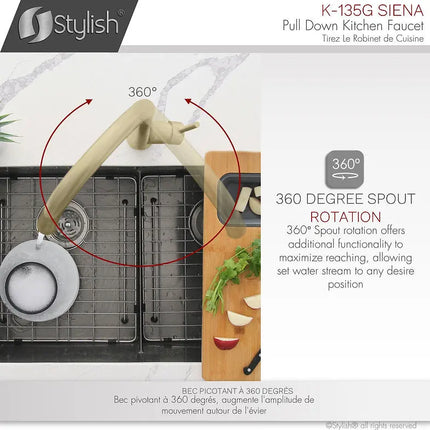 Kitchen Sink Faucet Single Handle Pull Down Dual Mode Stainless Steel Brushed Gold Finish by Stylish® K-135G - Plumbing Market