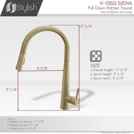 Kitchen Sink Faucet Single Handle Pull Down Dual Mode Stainless Steel Brushed Gold Finish by Stylish® K-135G - Plumbing Market