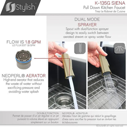Kitchen Sink Faucet Single Handle Pull Down Dual Mode Stainless Steel Brushed Gold Finish by Stylish® K-135G - Plumbing Market