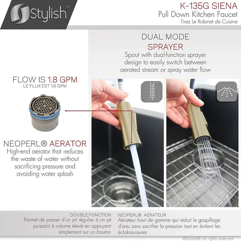 Kitchen Sink Faucet Single Handle Pull Down Dual Mode Stainless Steel Brushed Gold Finish by Stylish® K-135G - Plumbing Market