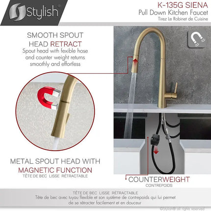 Kitchen Sink Faucet Single Handle Pull Down Dual Mode Stainless Steel Brushed Gold Finish by Stylish® K-135G - Plumbing Market