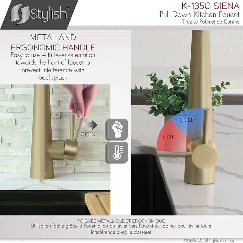 Kitchen Sink Faucet Single Handle Pull Down Dual Mode Stainless Steel Brushed Gold Finish by Stylish® K-135G - Plumbing Market