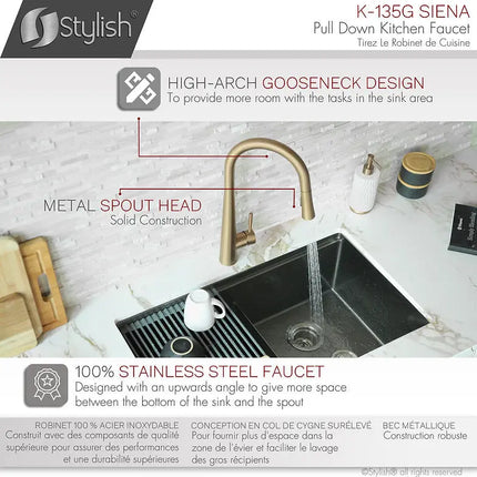Kitchen Sink Faucet Single Handle Pull Down Dual Mode Stainless Steel Brushed Gold Finish by Stylish® K-135G - Plumbing Market