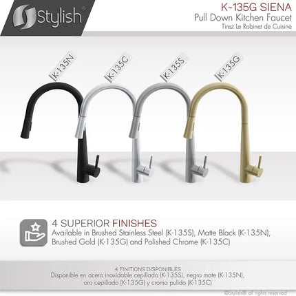Kitchen Sink Faucet Single Handle Pull Down Dual Mode Stainless Steel Brushed Gold Finish by Stylish® K-135G - Plumbing Market