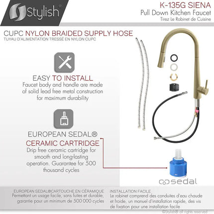 Kitchen Sink Faucet Single Handle Pull Down Dual Mode Stainless Steel Brushed Gold Finish by Stylish® K-135G - Plumbing Market