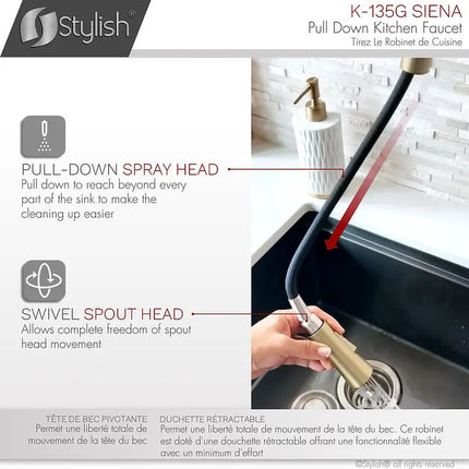 Kitchen Sink Faucet Single Handle Pull Down Dual Mode Stainless Steel Brushed Gold Finish by Stylish® K-135G - Plumbing Market