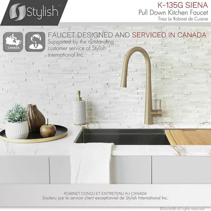 Kitchen Sink Faucet Single Handle Pull Down Dual Mode Stainless Steel Brushed Gold Finish by Stylish® K-135G - Plumbing Market