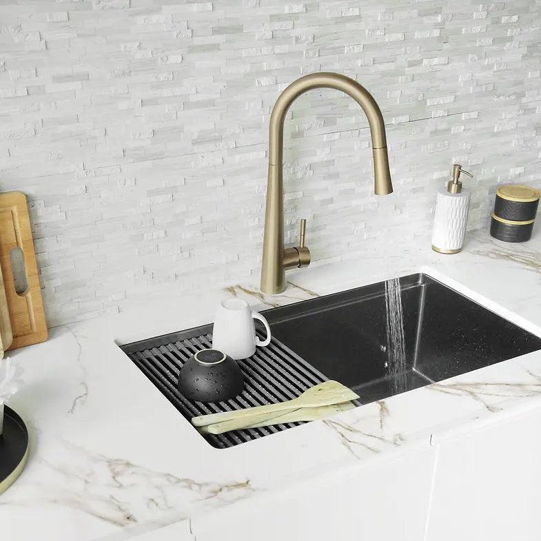 Kitchen Sink Faucet Single Handle Pull Down Dual Mode Stainless Steel Brushed Gold Finish by Stylish® K-135G - Plumbing Market