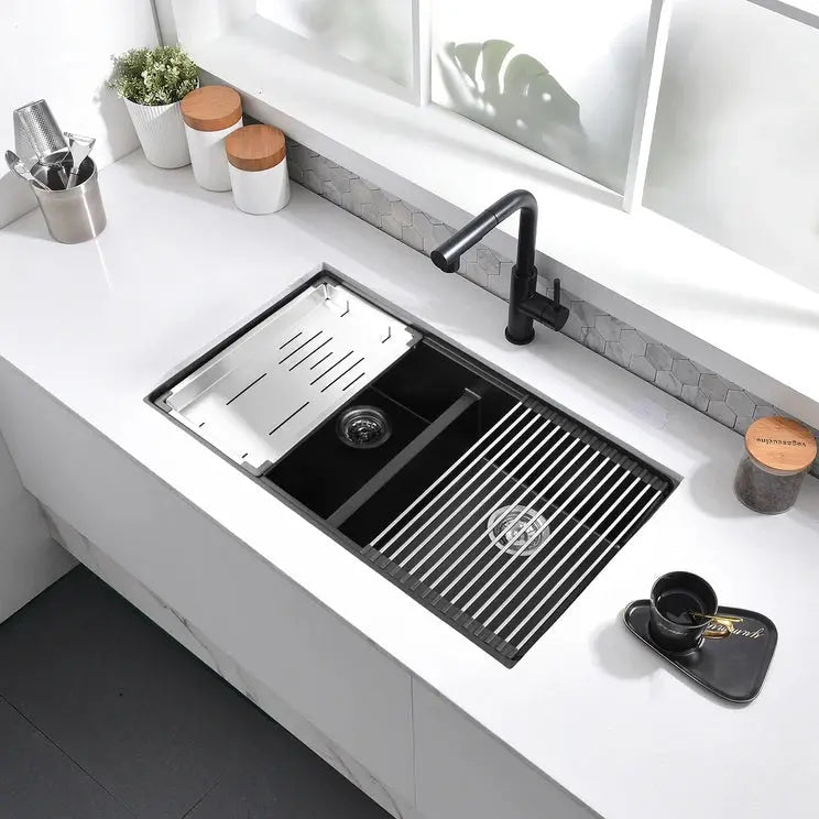 Kodaen 32" Workstation Under Mount 50/50 Double Bowl Kitchen Sink with Strainer - UNG1515