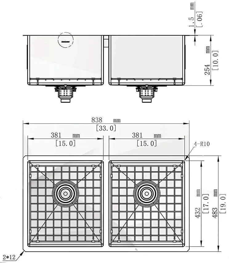 Kodaen 33" MISSION UNDERMOUNT KITCHEN SINK-16G DOUBLE BOWLS - UN1515PBN