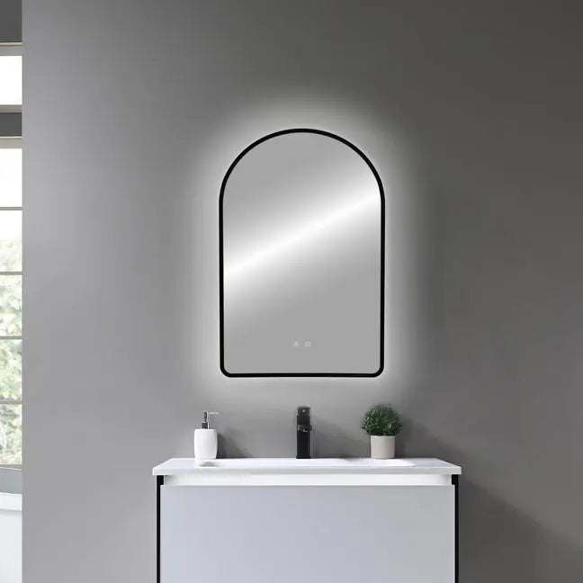 Kodaen ARCH  Shape Black framed back-lit LED mirror. 24"Wx36"H
