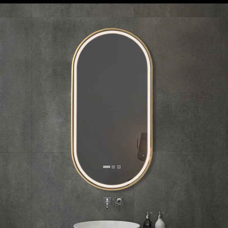 Kodaen ATOMIC Oval Shape Gold framed front-lit LED mirror. 18"Wx36"H
