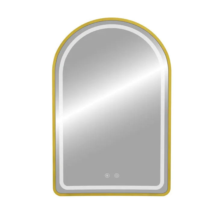 Kodaen Arch Shape Gold framed front-lit LED mirror. 24"Wx36"H