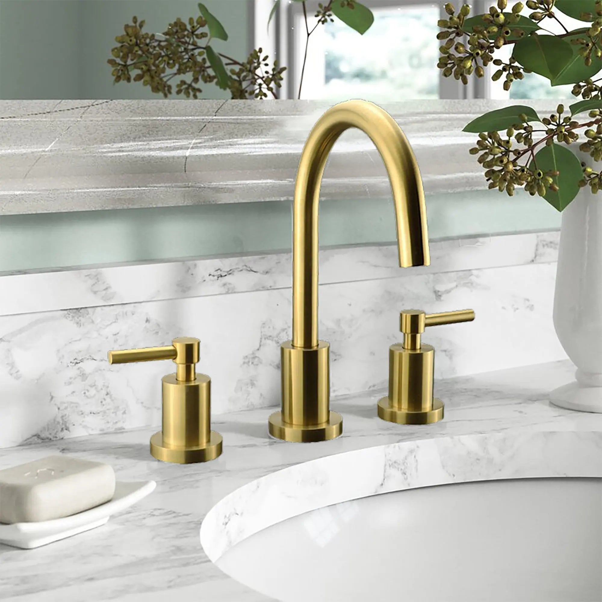 Kodaen ELEGANTE Three Holes Widespread Bathroom Faucet 3-hole in Brushed gold.