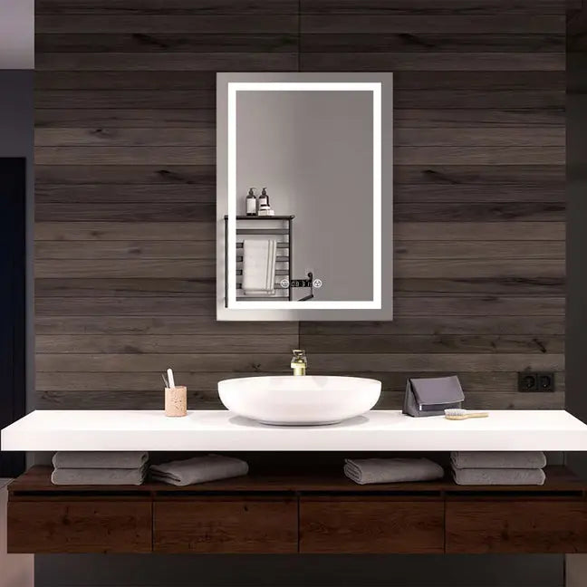 Kodaen EMBRACE Rectangular Framless front-lit LED mirror.Bluetooth speaker version. 24x36