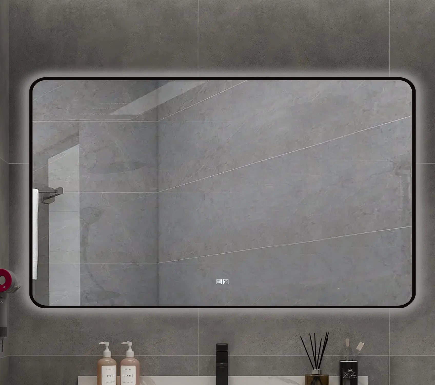 Kodaen INFINITY RD  Black framed back-lit LED mirror. 59Wx35H