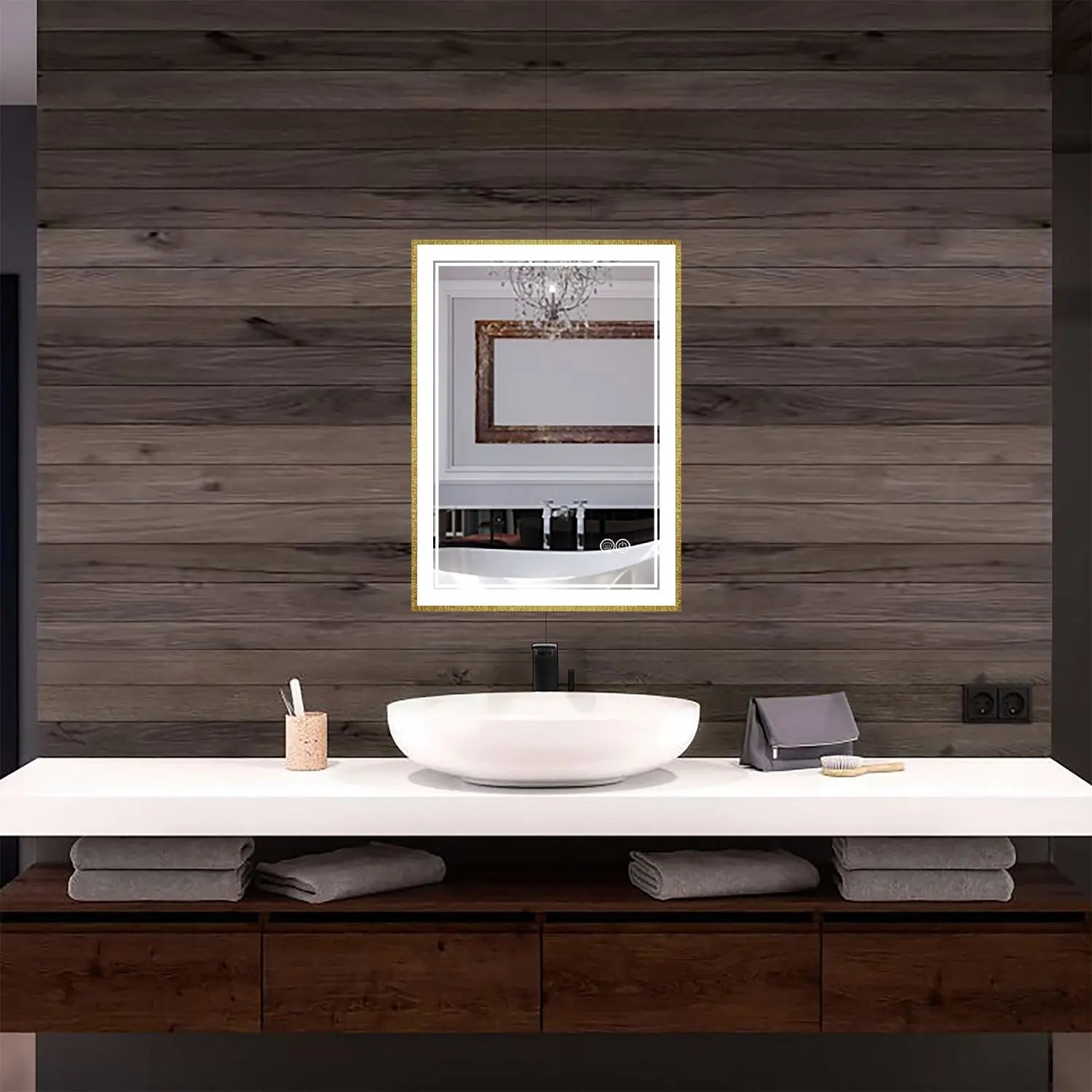 Kodaen Infinity SP Gold framed front-lit LED mirror. 20Wx28H