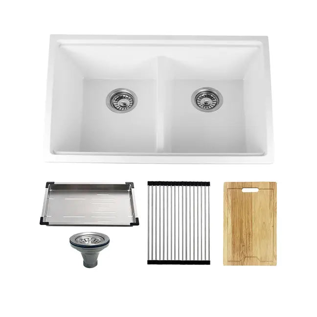Kodaen Kitchen granite sink. Double bowls. 33". Matte white.