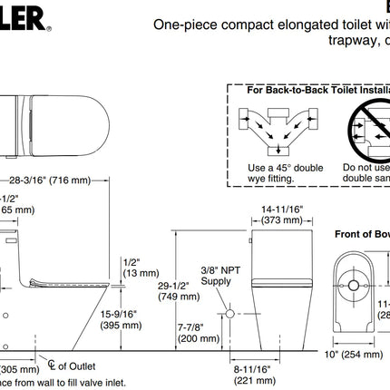 Kohler Brazn One Piece Compact Elongated Skirted Toilet Dual Flush 22378-0 - Plumbing Market