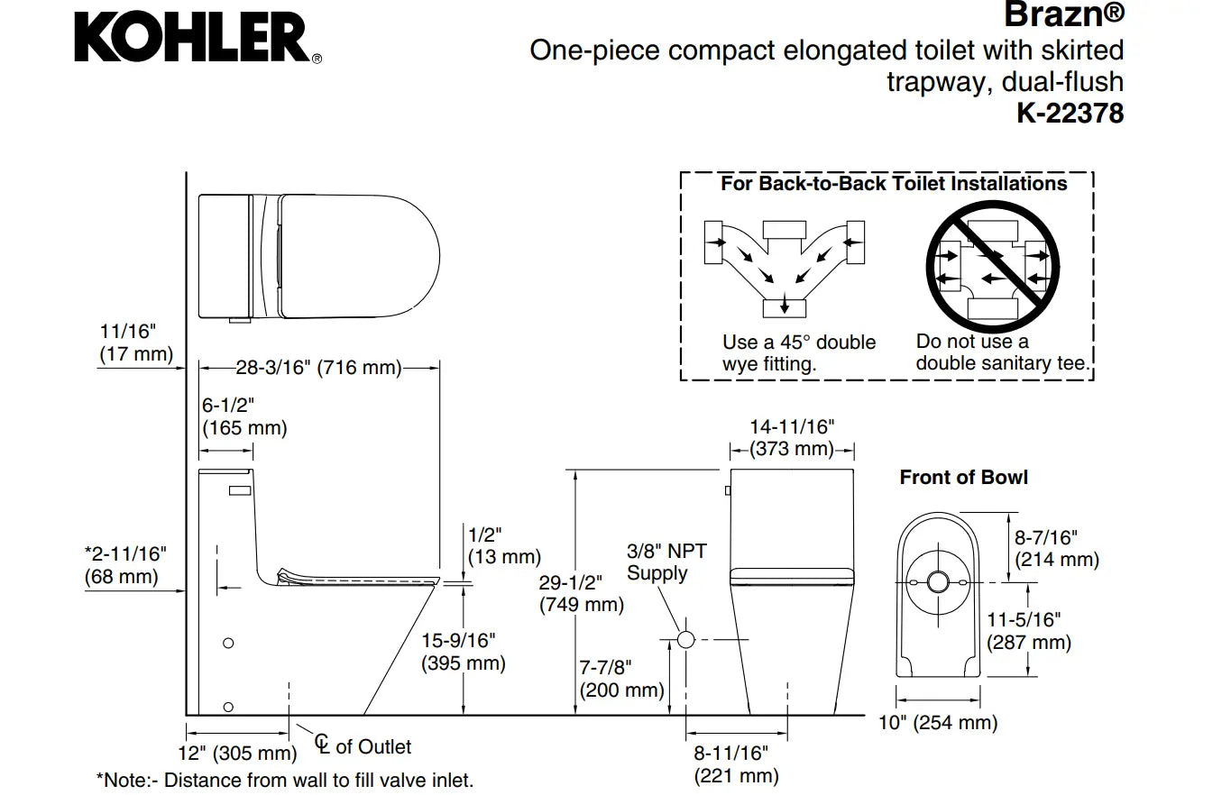 Kohler Brazn One Piece Compact Elongated Skirted Toilet Dual Flush 22378-0 - Plumbing Market