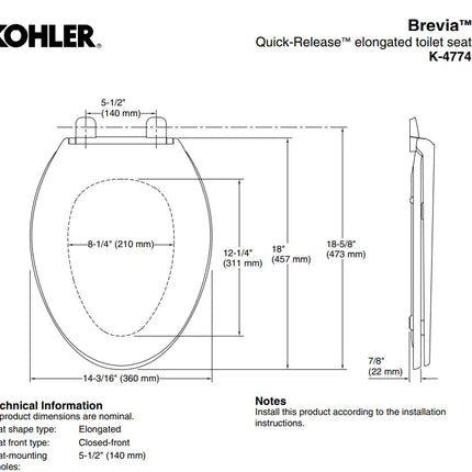 Kohler Brevia Quick-Release Elongated Toilet Seat 4774-0 - Plumbing Market