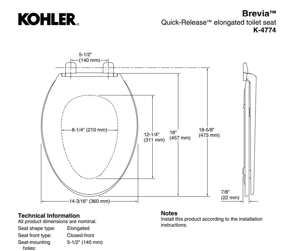 Kohler Brevia Quick-Release Elongated Toilet Seat 4774-0 - Plumbing Market