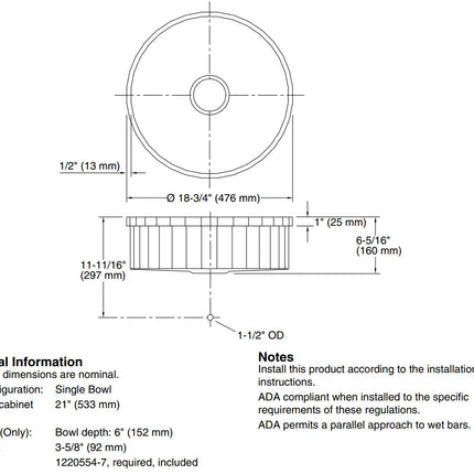 Kohler Brinx 18-3/4" Top-Mount Single-Bowl Bar Sink K-3674-NA - Plumbing Market