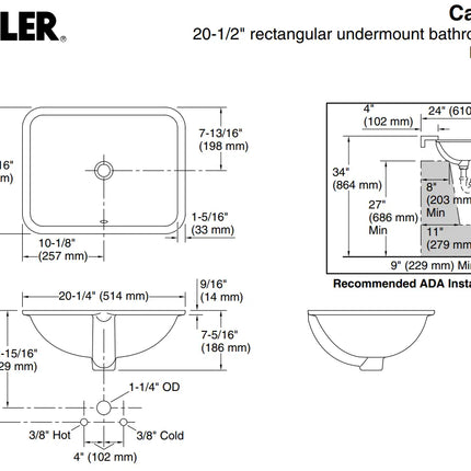 Kohler Caxton 20-1/2" Rectangular Undermount Bathroom Sink 20000-0 - Plumbing Market