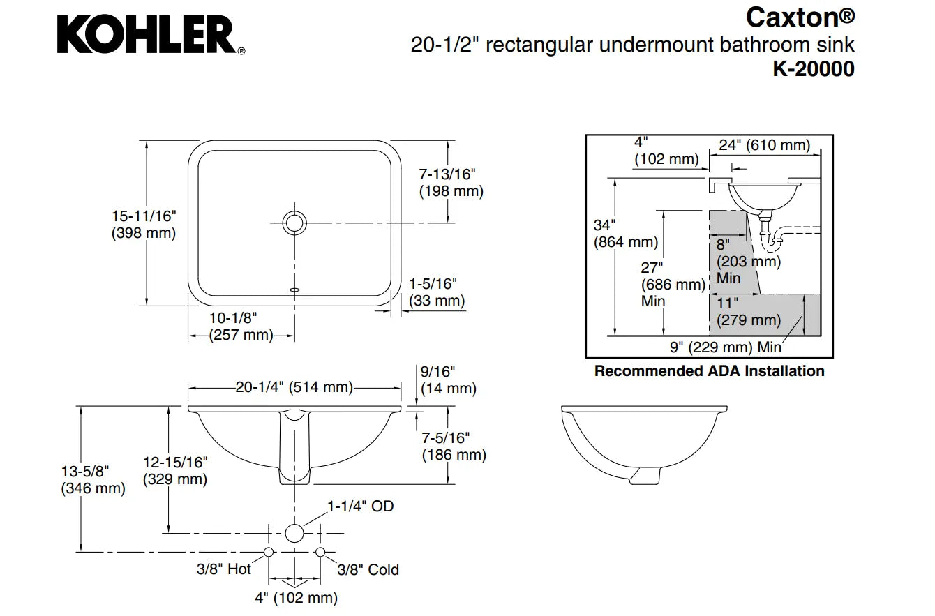 Kohler Caxton 20-1/2" Rectangular Undermount Bathroom Sink 20000-0 - Plumbing Market