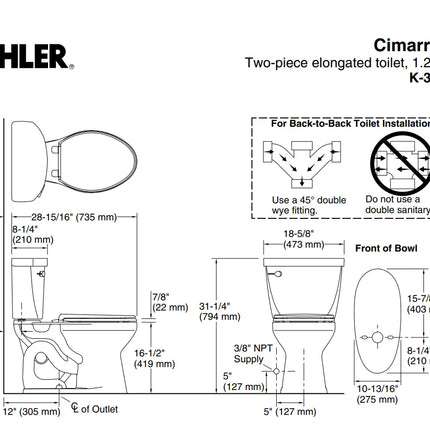 Kohler Cimarron Two-piece Elongated Toilet 1.28 gpf - Plumbing Market