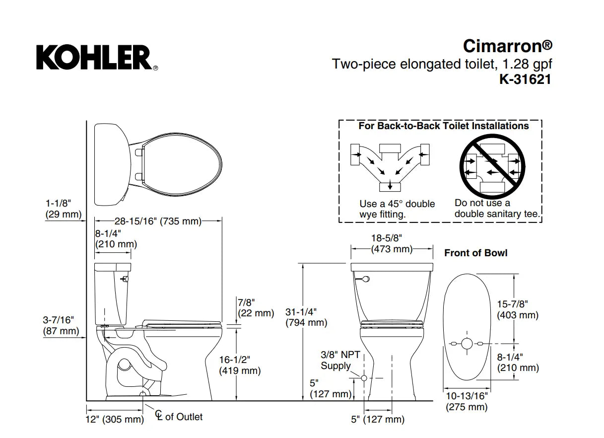 Kohler Cimarron Two-piece Elongated Toilet 1.28 gpf - Plumbing Market