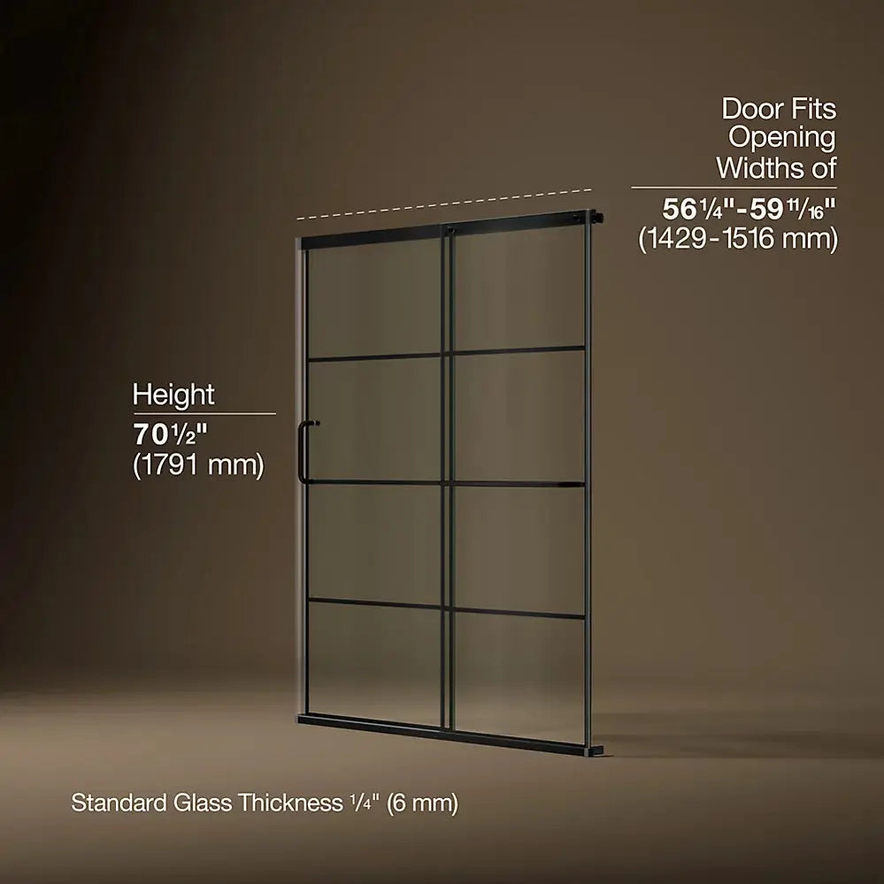 Kohler Elate Sliding shower door, 70-1/2" H x 56-1/4 - 59-5/8" W, with 1/4" thick Crystal Clear glass with rectangular grille pattern Matte Black - Plumbing Market