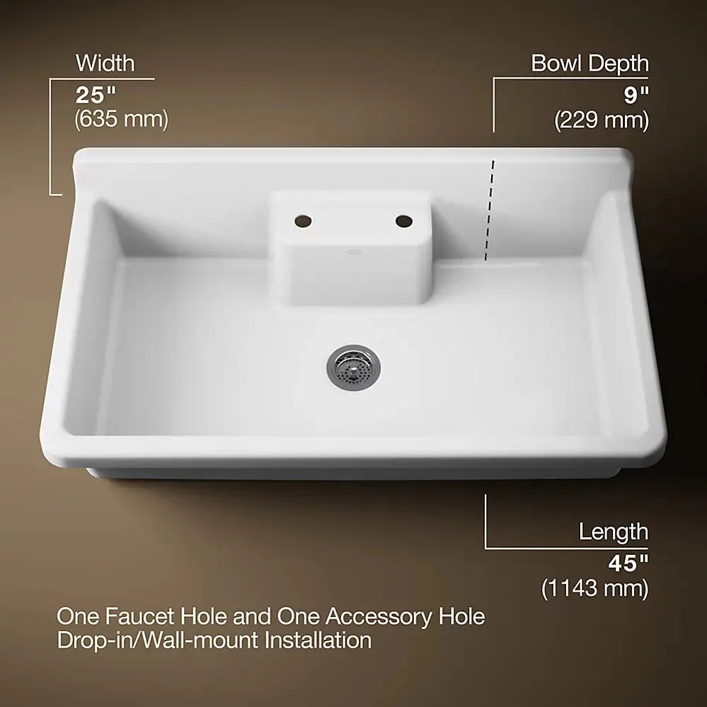 Kohler Farmstead 45" top-/wall-mount single-bowl workstation farmhouse kitchen sink K-21103-2HW-0 - Plumbing Market