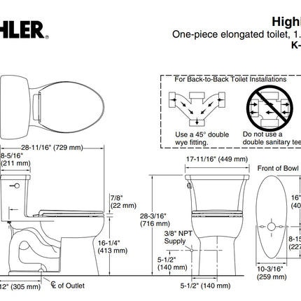 Kohler Highline One-piece elongated toilet, 1.28 gpf White 26813-0 - Plumbing Market
