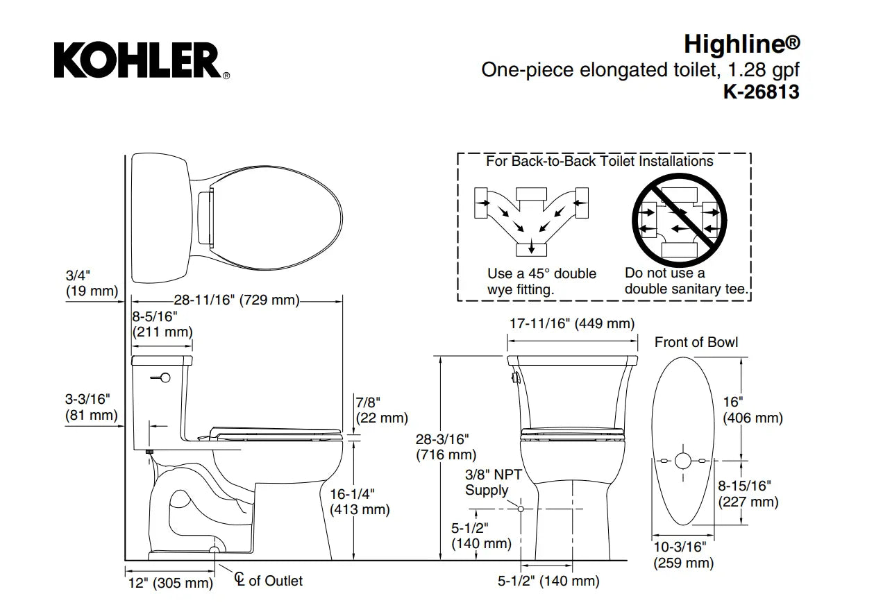 Kohler Highline One-piece elongated toilet, 1.28 gpf White 26813-0 - Plumbing Market